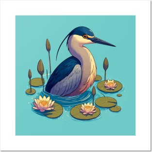 Anime Heron Bath With Water Lily Posters and Art